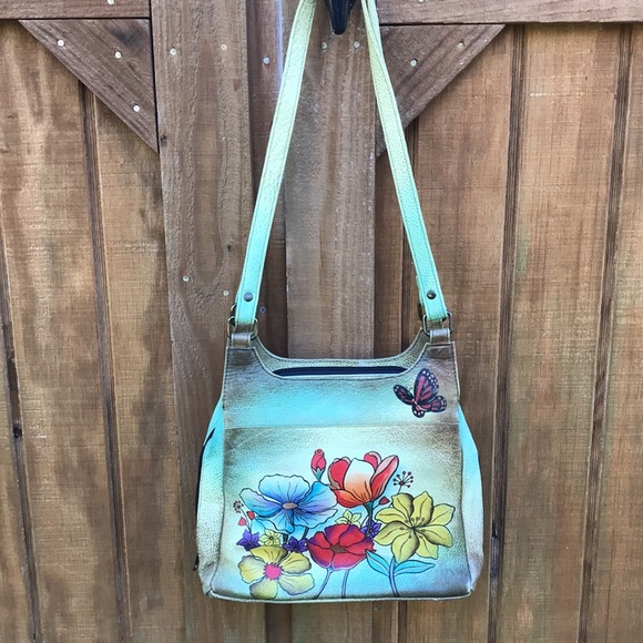 Anuschka Handpaint Leather Satchel Zip Around Shoulder Bag Floral EUC - Picture 4 of 13